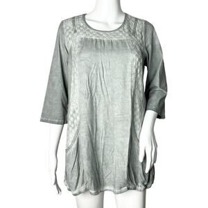 Ania‎ A Shirt Womens Small Dusty Blue Lace Accents Pocket Lagenlook Artsy Boho